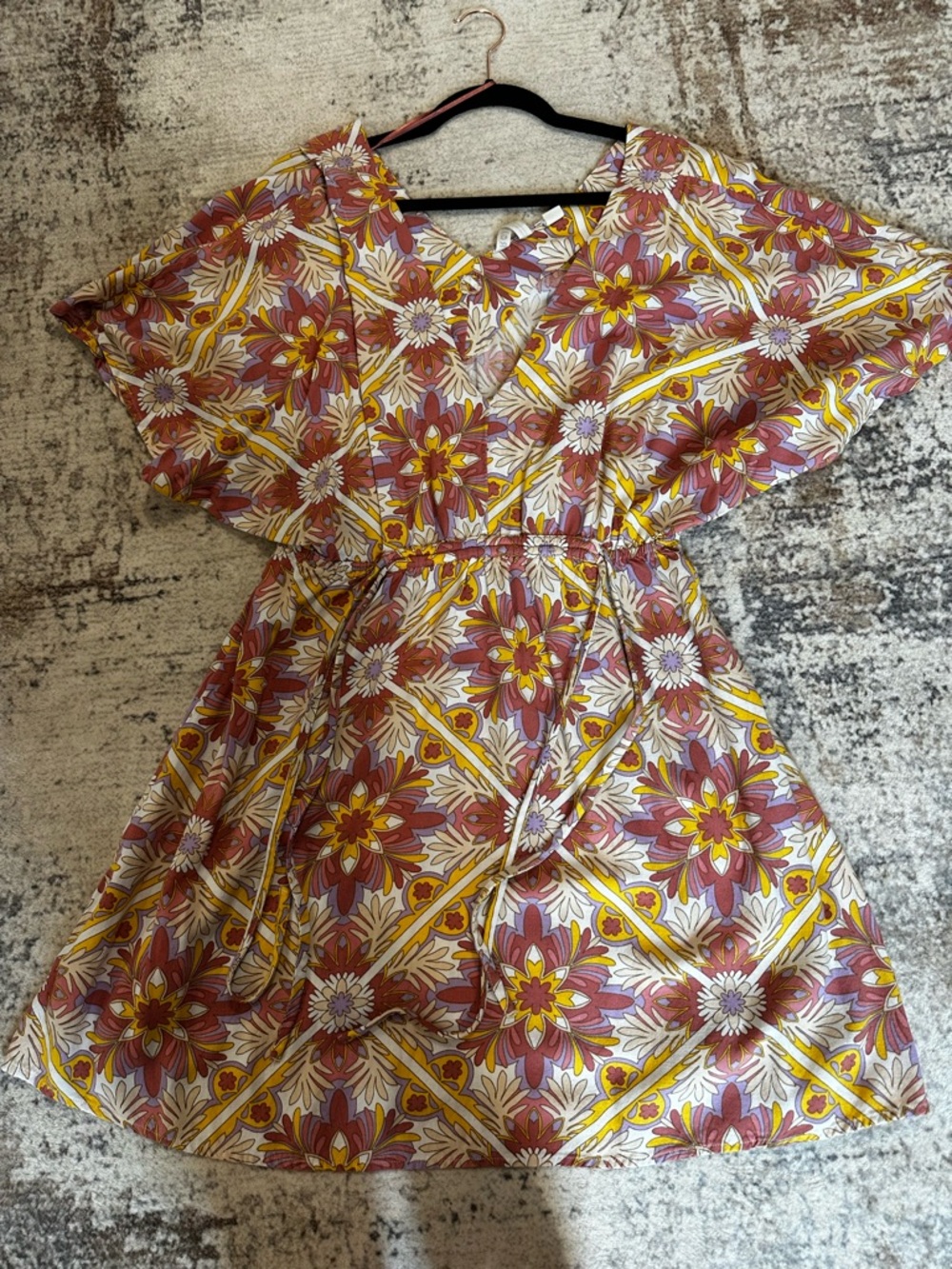 Roxy Girls' Floral Tie-Waist Dress in Maroon, Yellow and White